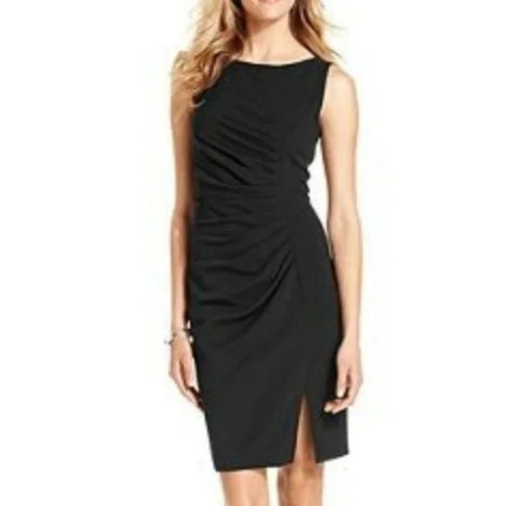 Calvin Klein Black Fitted Shirred Gathered Classic Midi Sheath Career Dress M 6